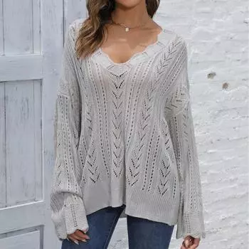 Осенне-зимний женский пуловер с глубоким V-образным вырезом, свободный свитер с напуском one size серый