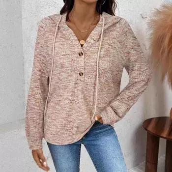 Осенне-зимний женский пуловер с капюшоном и пуговицами, свободный свитшот с длинным рукавом S чёрный