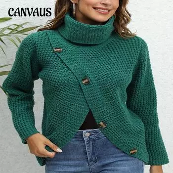 Осенне-зимний женский пуловер с пятью пуговицами и высоким воротом, однотонный свитер с длинными рукавами, вязаный свитер S серый