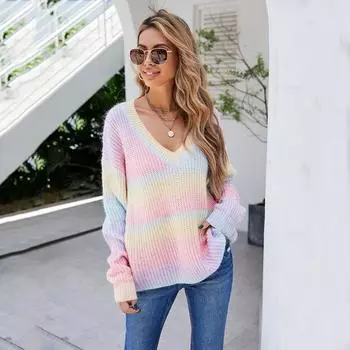Осенне-зимний женский пуловер с радужной строчкой и v-образным вырезом, модный индивидуальный свитер, вязаная удобная женская одежда S розовый