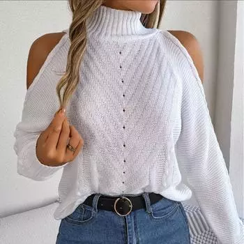 Осенне-зимний женский пуловер с высоким воротом и длинным рукавом, однотонный с открытыми плечами, свободный модный повседневный свитер с жареным тестом, топы S хаки