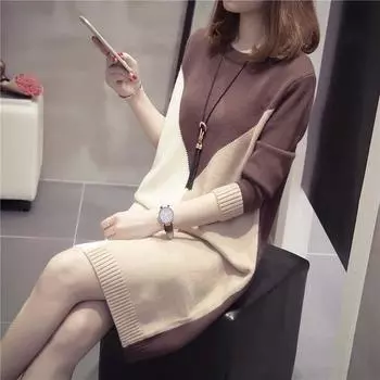 Осенне-зимний женский пуловер средней длины, свободный универсальный трикотаж, женская контрастная корейская верхняя одежда, пуловер, свитер