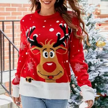 Осенне-зимний женский рождественский пуловер, свитер с круглым вырезом и длинными рукавами, олень, рождественская елка, снежинка, жаккардовый принт, вязаные топы M красный