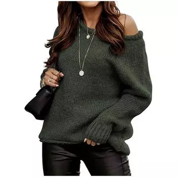 Осенне-зимний женский свитер без бретелек, сексуальный пуловер с круглым вырезом, вязаный свитер, однотонный повседневный свободный свитер большого размера S абрикосовый