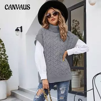 Осенне-зимний женский свитер без рукавов, модный жилет на пуговицах, свободный вязаный пуловер, свитер с высоким воротом S серый