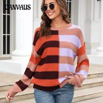 Осенне-зимний женский свитер больших размеров с узором в полоску и цветовым столкновением, круглый вырез, вязаный свитер