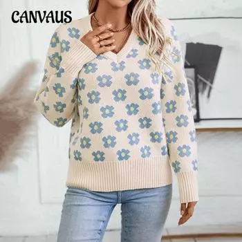 Осенне-зимний женский свитер больших размеров с V-образным вырезом, свободный вязаный свитер с цветочным принтом и цветными блоками S синий