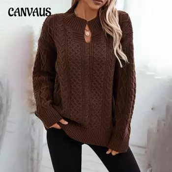 Осенне-зимний женский свитер больших размеров, вязаный с переплетением, с V-образным вырезом, свободный повседневный вязаный свитер S кофейный