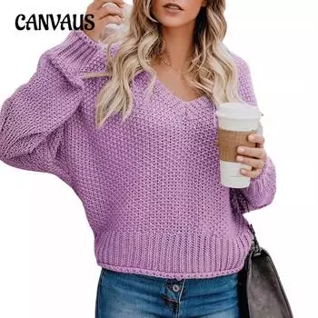 Осенне-зимний женский свитер больших размеров с V-образным вырезом и свободной вязкой S серый