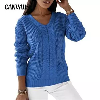 Осенне-зимний женский свитер больших размеров с длинным рукавом и V-образным вырезом, однотонный повседневный трикотажный пуловер с переплетенными нитями S белый