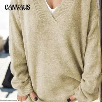 Осенне-зимний женский свитер больших размеров, вязаный топ, пуловер с V-образным вырезом, длинный рукав, однотонный свитер S чёрный