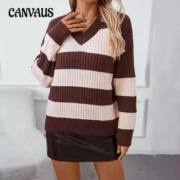 Осенне-зимний женский свитер больших размеров с V-образным вырезом, свободный ретро-пуловер, полосатый свитер с цветными блоками S зелёный