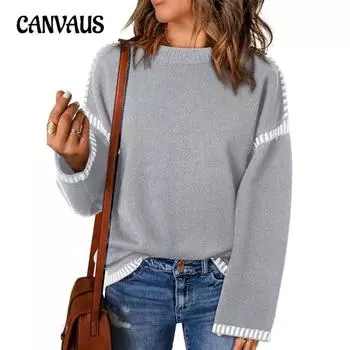 Осенне-зимний женский свитер больших размеров, модный однотонный, с круглым вырезом, свободный, с длинным рукавом, разноцветный, многослойный, вязаный свитер-пуловер S чёрный