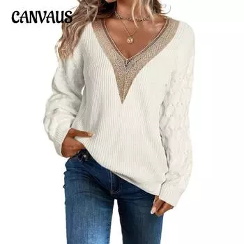Осенне-зимний женский свитер больших размеров с кружевным V-образным вырезом и заниженной линией плеч S белый