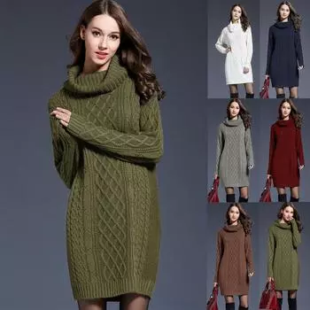 Осенне-зимний женский свитер больших размеров с длинными рукавами, трикотажное платье, модные длинные водолазки для женщин. M белый