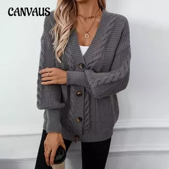 Осенне-зимний женский свитер больших размеров с V-образным вырезом, свободный повседневный вязаный кардиган с рукавами-фонариками M темно серый