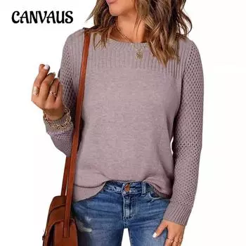 Осенне-зимний женский свитер больших размеров с круглым вырезом и длинными рукавами, однотонный трикотажный свитер с нитками и ажурным низом S белый