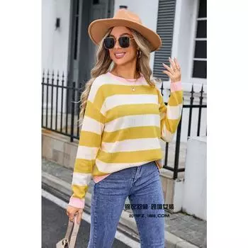 Осенне-зимний женский свитер больших размеров с цветочным принтом и длинными рукавами, с круглым вырезом S жёлтый