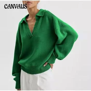 Осенне-зимний женский свитер большого размера с воротником-поло, зеленый свитер S зелёный