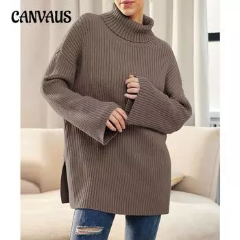 Осенне-зимний женский свитер большого размера для высоких женщин, свободный, с разрезом, длинным рукавом, высоким воротом, ребристым трикотажным свитером S абрикосовый