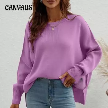 Осенне-зимний женский свитер большого размера с круглым вырезом и разрезом S белый