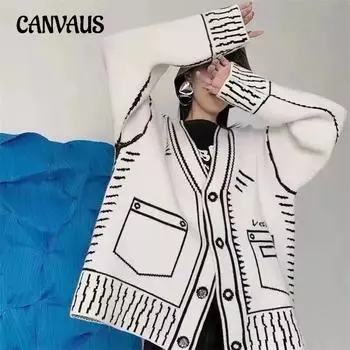 Осенне-зимний женский свитер, черно-белый силуэт, жаккардовый свободный ленивый ветер, вязаный кардиган, куртка One Size белый