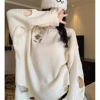 Осенне-зимний женский свитер, дизайн Sense of Niche, шикарный пуловер, свитер с рваными отверстиями, украшение на булавке, ленивый ветер, трикотаж One Size чёрный