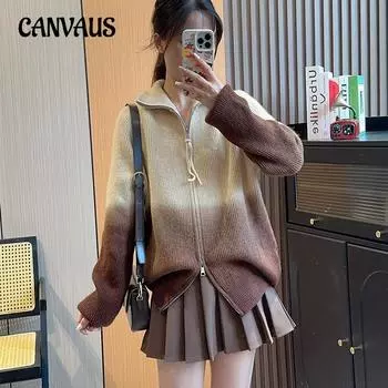 Осенне-зимний женский свитер, дизайн Sense, винтажный вязаный кардиган с градиентом, новый свитер премиум-класса на молнии с лацканами Sense One Size коричневый