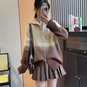 Осенне-зимний женский свитер, дизайн Sense, винтажный вязаный кардиган с градиентом, новый свитер премиум-класса на молнии с лацканами Sense One Size коричневый