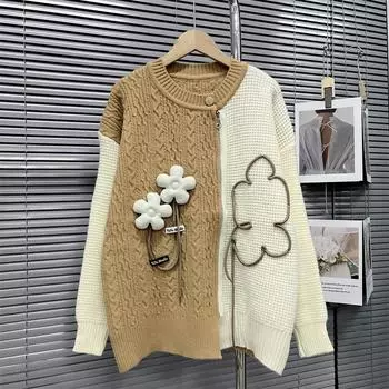 Осенне-зимний женский свитер, дизайн, сочетание цветов, вязаный кардиган с трехмерными цветами, свободный нежный мягкий свитер One Size хаки