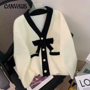 Осенне-зимний женский свитер из искусственного норкового бархата с v-образным вырезом, маленький вязаный кардиган в парфюмерном стиле, короткая куртка One Size чёрный