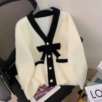 Осенне-зимний женский свитер из искусственного норкового бархата с v-образным вырезом, маленький вязаный кардиган в парфюмерном стиле, короткая куртка One Size чёрный