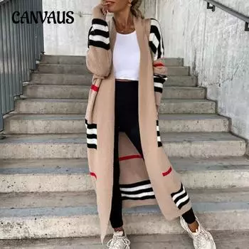 Осенне-зимний женский свитер, кардиган, длинный полосатый вязаный кардиган, свитер S серый