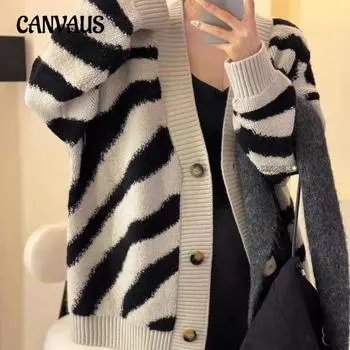 Осенне-зимний женский свитер, кардиган, контрастный цвет, длинный рукав, пуговицы в полоску, свободная одежда, вязаный свитер, куртка One Size чёрный