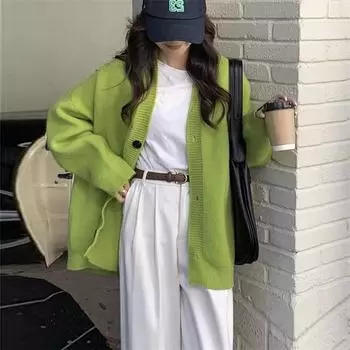 Осенне-зимний женский свитер-кардиган, куртка, свободный однотонный вязаный кардиган с ленивым ветром, простой вязаный кардиган One Size красный