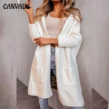 Осенне-зимний женский свитер, кардиган с лацканами и капюшоном, длинные буквы, свободный, без пуговиц, вязаный кардиган S белый