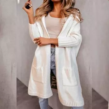 Осенне-зимний женский свитер, кардиган с лацканами и капюшоном, длинные буквы, свободный, без пуговиц, вязаный кардиган S белый