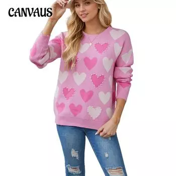 Осенне-зимний женский свитер ко Дню святого Валентина с круглым вырезом, ручной работы, бисерное сердце, персиковый пуловер, вязаный свитер S розы красного