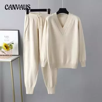 Осенне-зимний женский свитер, комплект из шароваров, повседневный свитер, пуловер, топ с длинными рукавами, брюки, свитер, комплект из двух предметов One Size серый