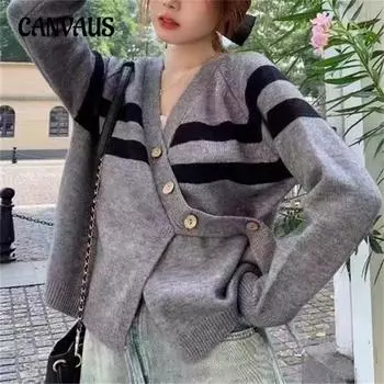 Осенне-зимний женский свитер, короткий полосатый свитер с v-образным вырезом, шикарный вязаный кардиган с длинными рукавами One Size серый