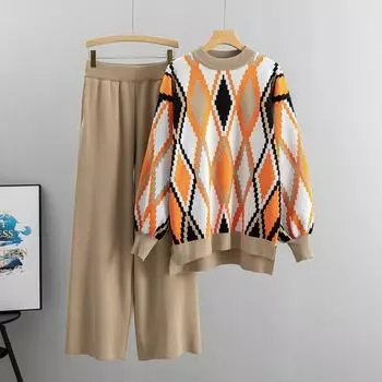 Осенне-зимний женский свитер, костюм для спорта и отдыха, модный свободный свитер большого размера, топ, широкие брюки, комплект из двух предметов One Size белый