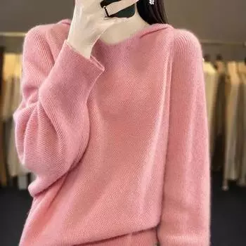 Осенне-зимний женский свитер, легкая повседневная толстовка с капюшоном, шерстяной, с длинным рукавом, кашемировый вязаный пуловер XXXL чёрный