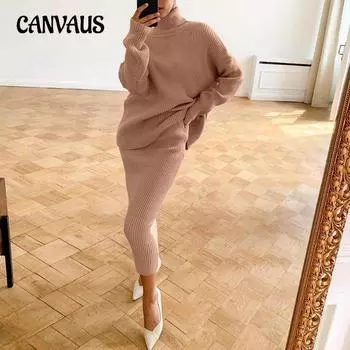 Осенне-зимний женский свитер, модный комплект с высокой горловиной, свободный крой, женский комплект с юбкой S