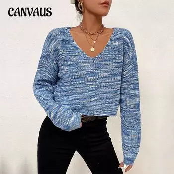 Осенне-зимний женский свитер, модный короткий синий свитер с v-образным вырезом и длинными рукавами S синий