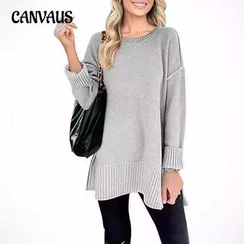 Осенне-зимний женский свитер, модный круглый вырез, длинный рукав, разрезной свитер