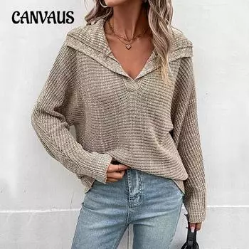 Осенне-зимний женский свитер, модный однотонный повседневный свитер с длинными рукавами и лацканами S хаки