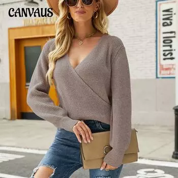 Осенне-зимний женский свитер, модный однотонный пуловер с длинными рукавами и v-образным вырезом, вязаный свитер S чёрный