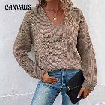 Осенне-зимний женский свитер, модный однотонный свитер с v-образным вырезом и длинным рукавом S коричневый