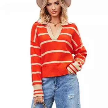 Осенне-зимний женский свитер, модный полосатый свитер с лацканами, свободный вязаный свитер большого размера S зелёный