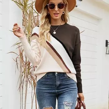 Осенне-зимний женский свитер, модный полосатый вязаный свитер с цветными блоками, пуловер с круглым вырезом, свитер S бордовый